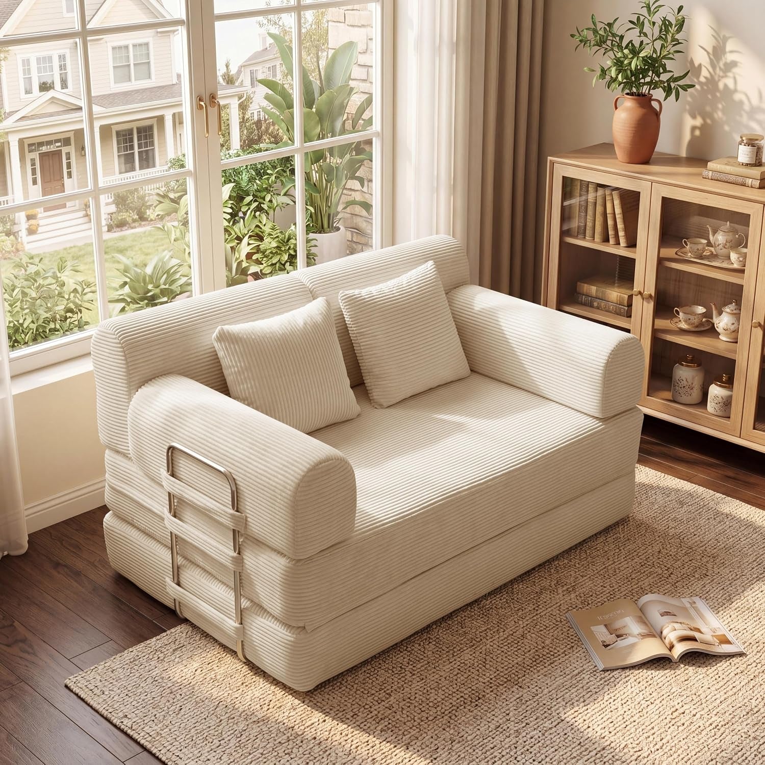 Cream ribbed loveseat with two square throw pillows placed by a large window and wooden cabinet.