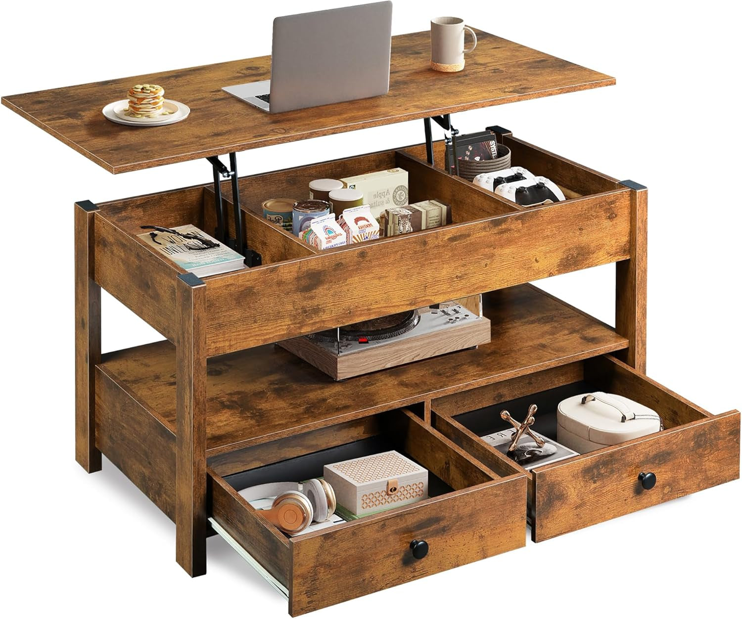 Rustic brown lift-top coffee table with two open drawers and storage compartments visible