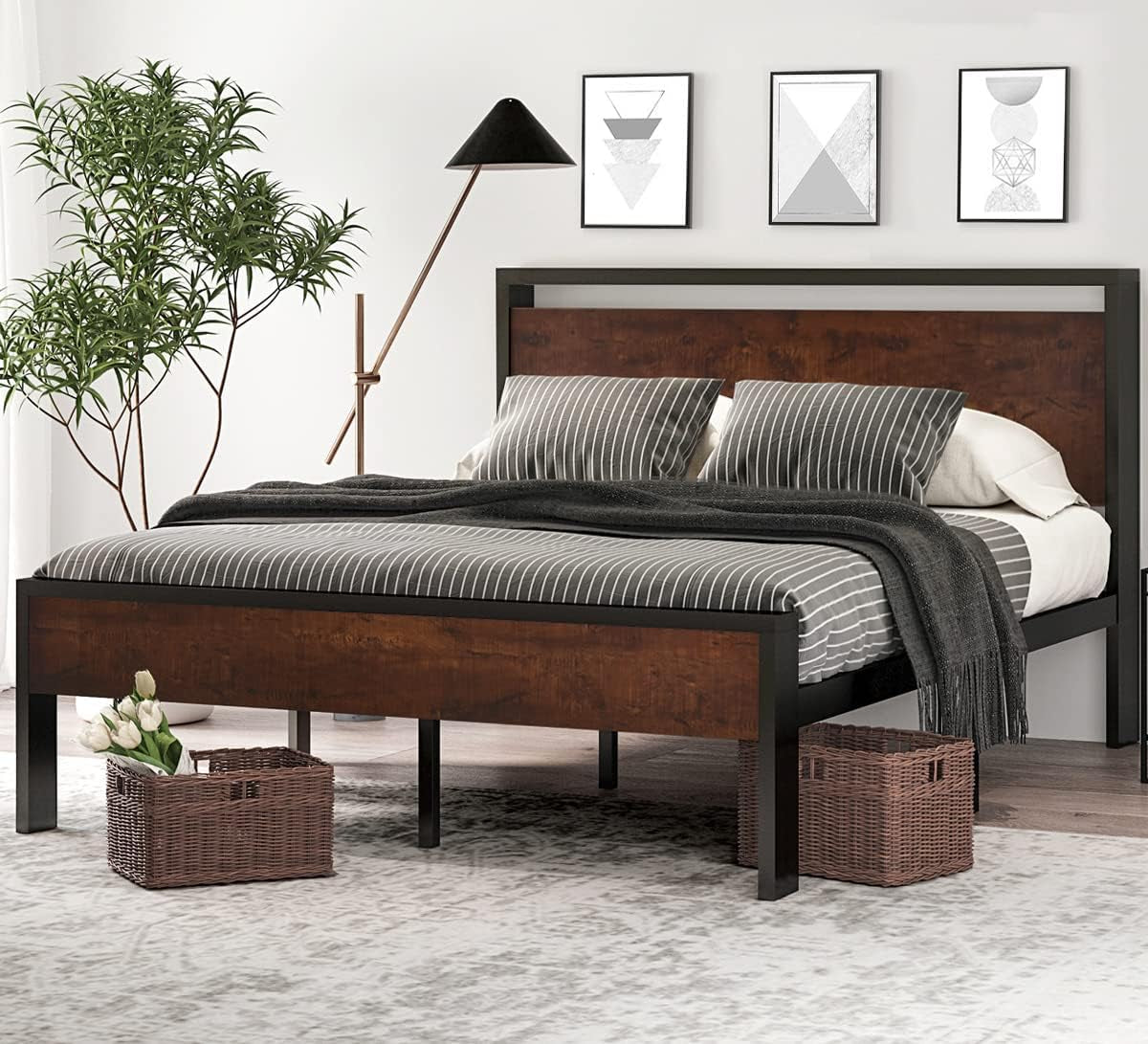 14-inch metal platform bed with black metal frame and warm brown wooden headboard and footboard in a styled bedroom.