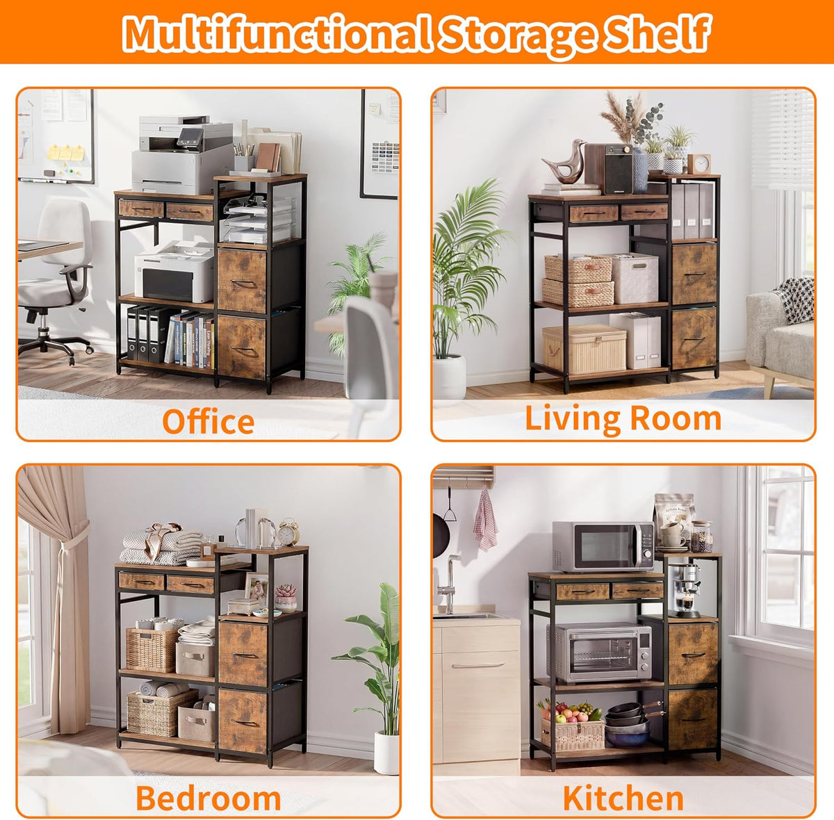 Four-photo grid showing the shelving unit placed in an office, living room, bedroom, and kitchen setting.