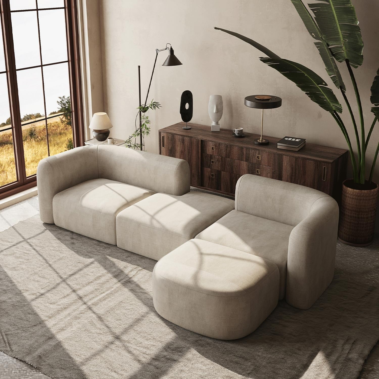 Mellow Modern Tight Curved Back Velvet Sofa, 4 Seater Modular | Minimalist Couch for Living Room Apartment, Modular Sectional, Hardwood Frame