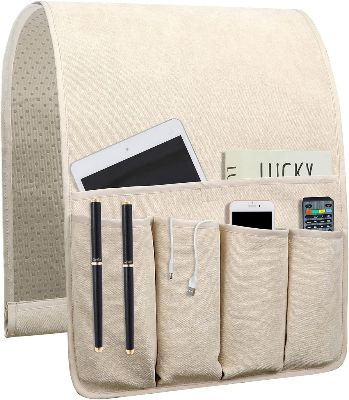 Close-up front view of beige caddy showing large pocket with tablet and four narrow pockets holding pens and phone