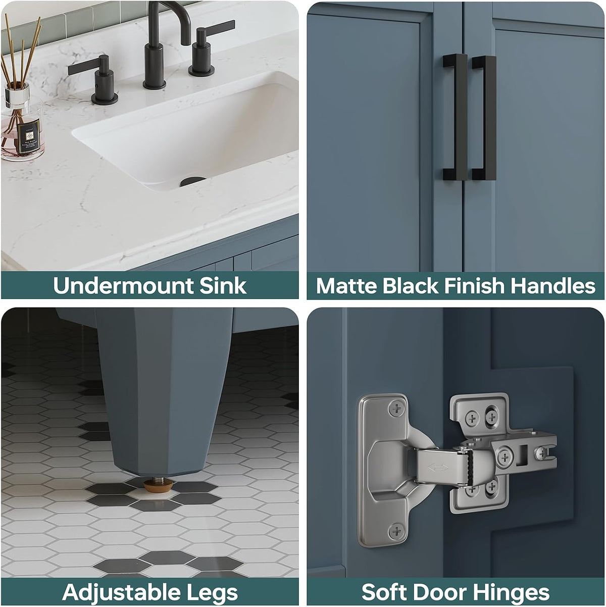 Detail collage showing matte black pull handles, adjustable leg and soft-close hinge on the cabinet