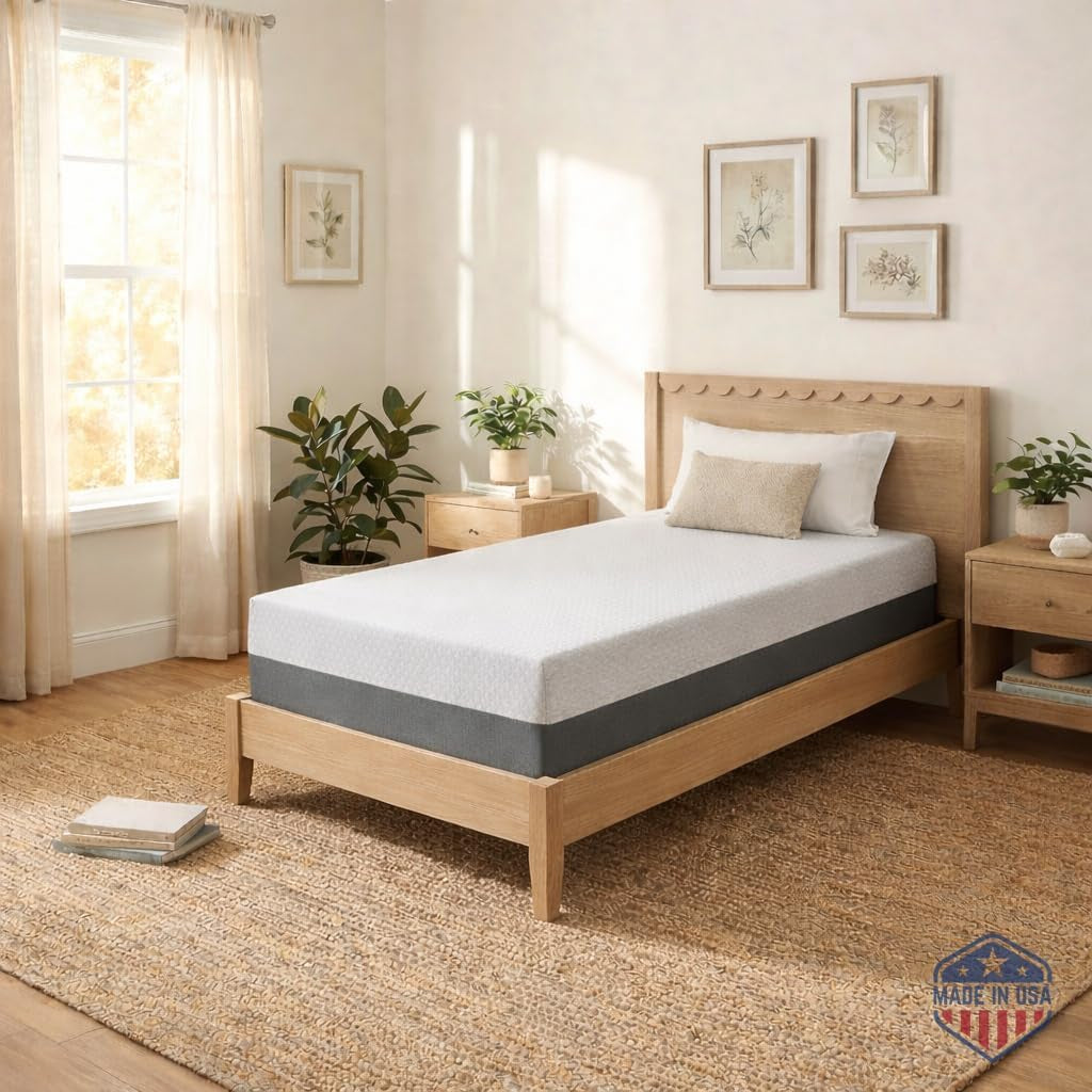 Single mattress on a light wood bed frame in a bright neutral bedroom with plants, nightstand and woven rug.