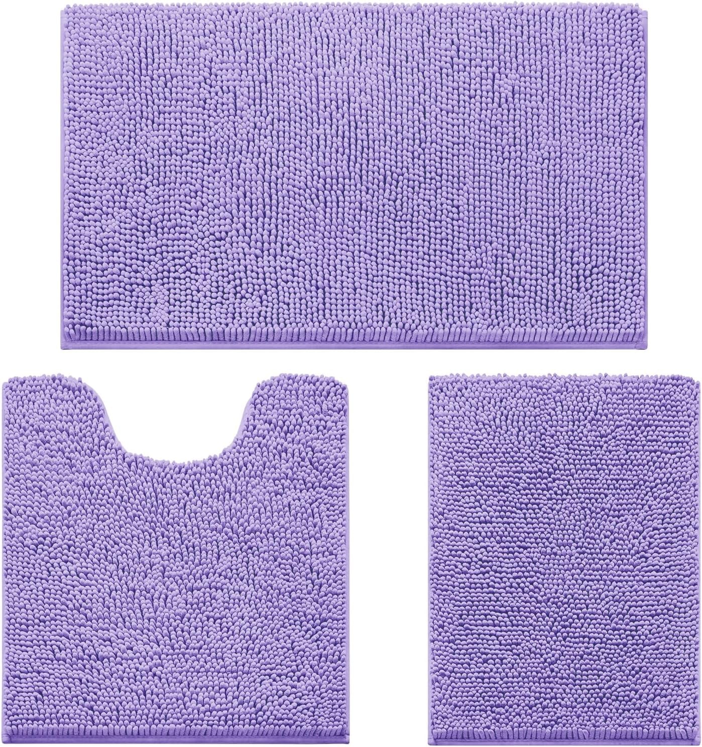 Flat lay of a three-piece lavender chenille bath rug set: large rectangle, U-shaped toilet mat, and small rectangle.