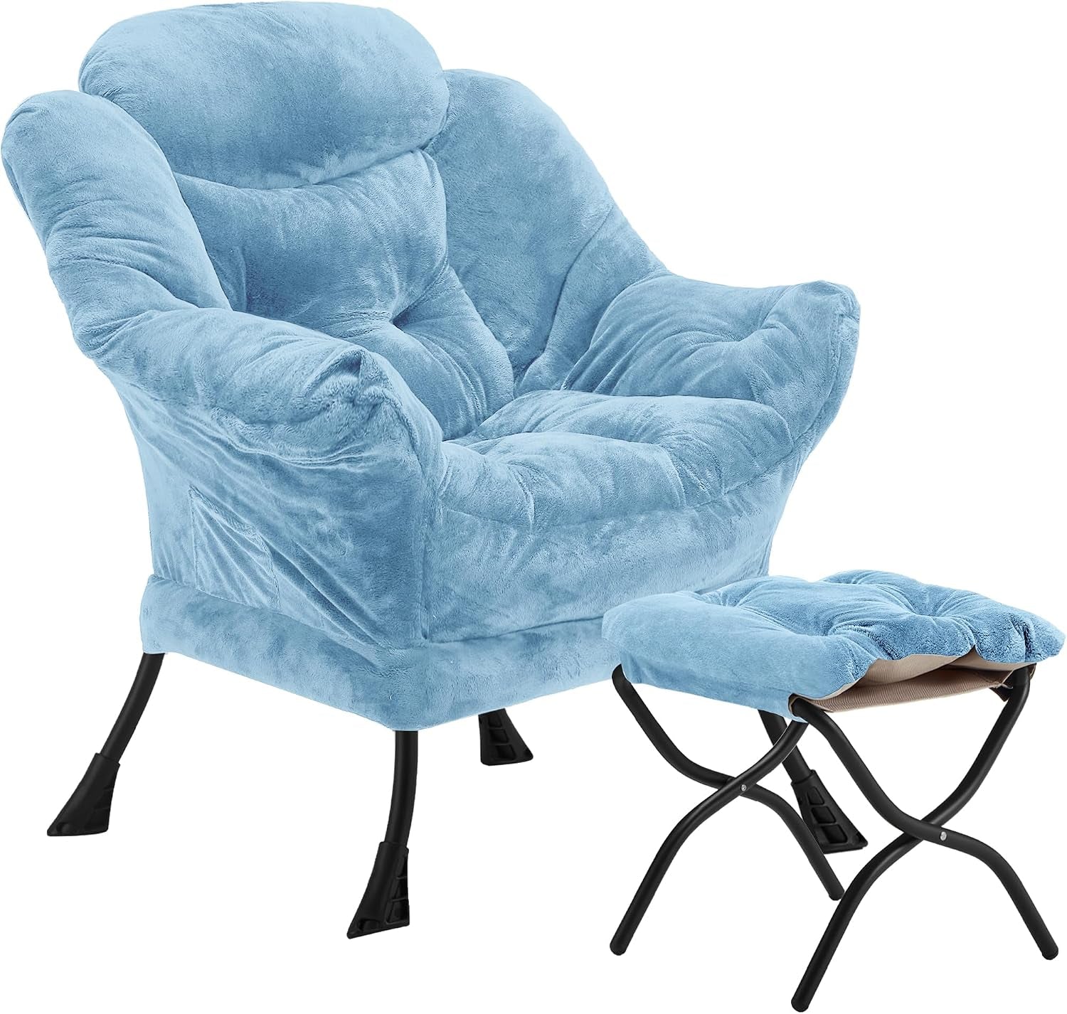 Pale blue velvet lounge chair with tufted cushion and matching folding ottoman, front angled view
