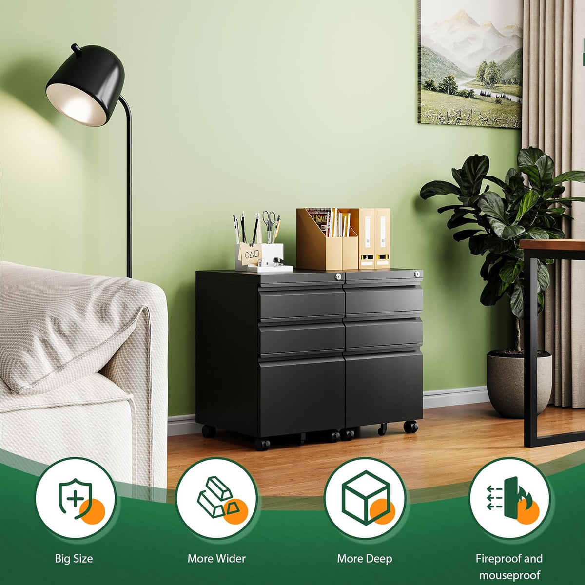 Two black mobile file cabinets side-by-side in a living room setting with lamp