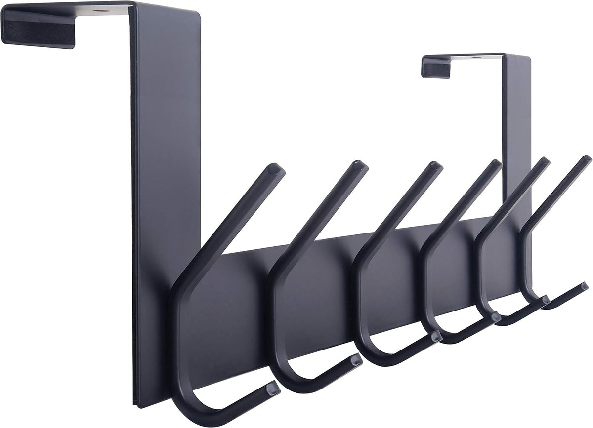 Angled close-up of a black over-the-door rack showing six angled hooks and two door hangers