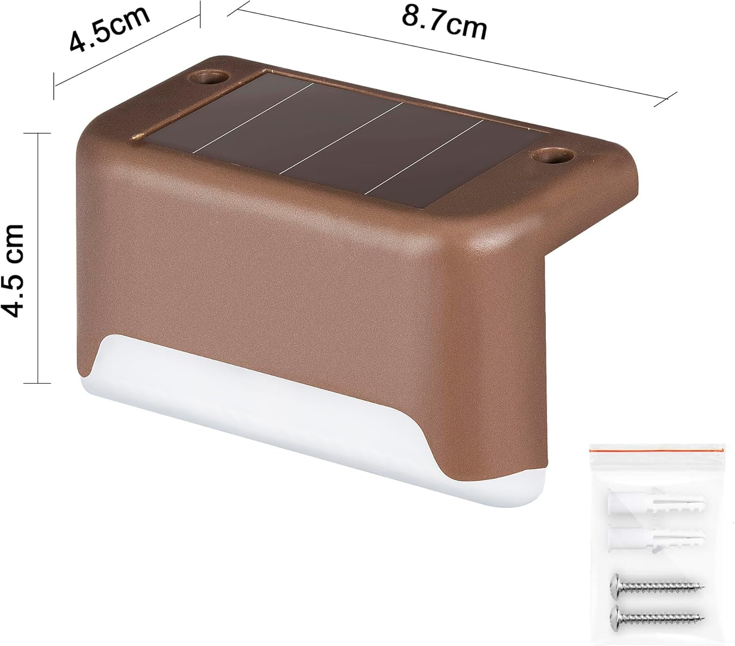 Single brown-shell solar step light shown with top solar panel visible and dimensional callouts