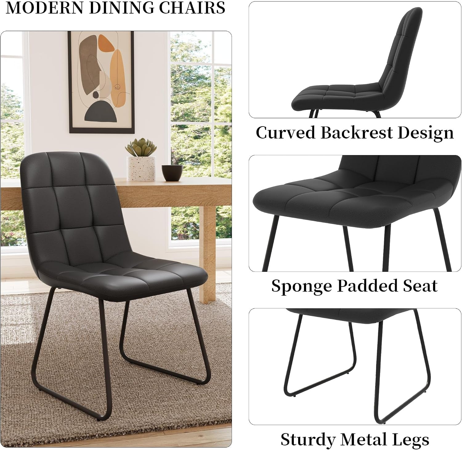 Black PU-upholstered dining chair with curved backrest, sponge-padded seat and black metal sled-style legs, side view