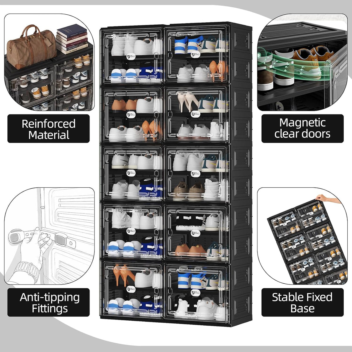 Collage highlighting reinforced panels, clear magnetic doors, anti-tipping fittings and stable fixed base