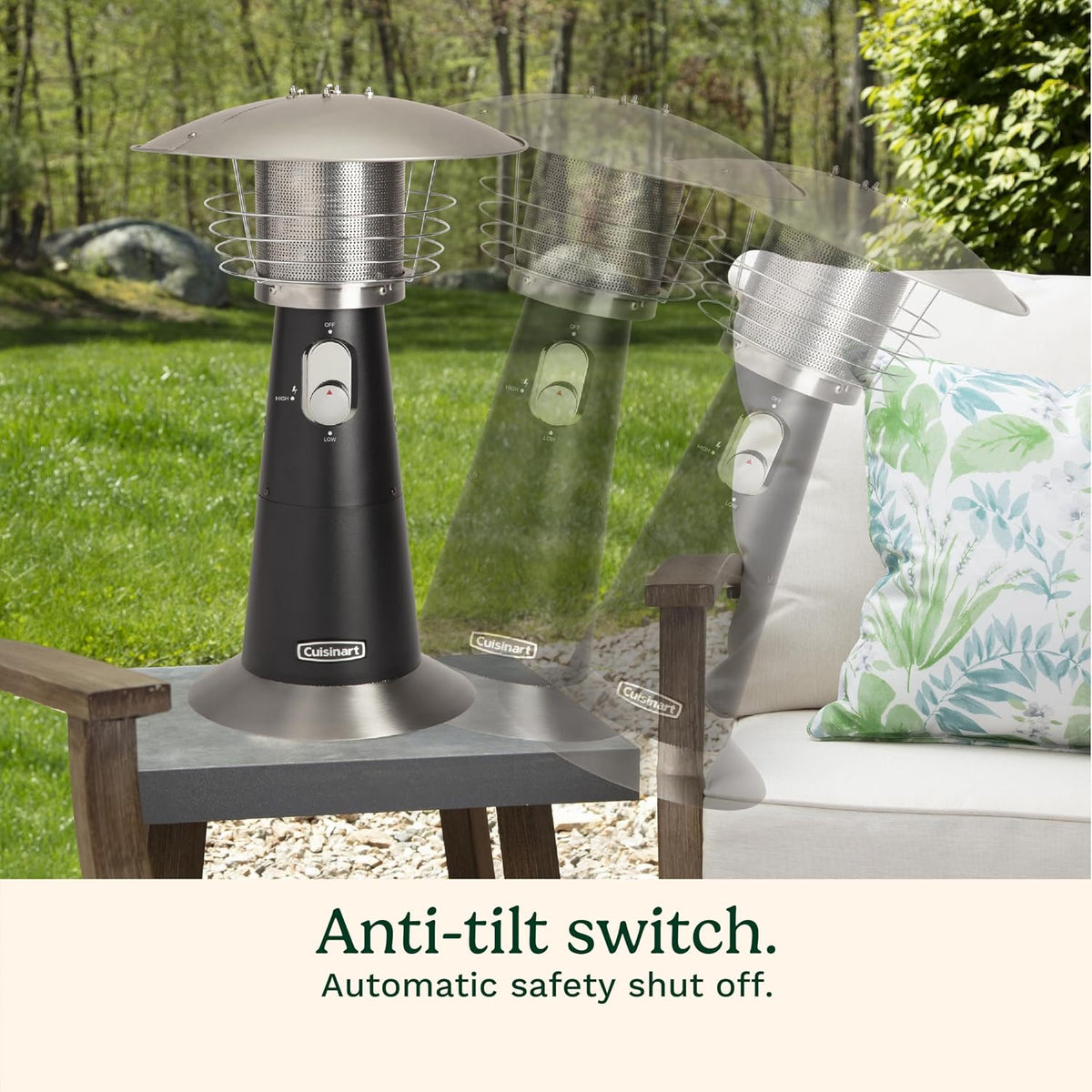 Black patio heater shown tilting sequence outdoors demonstrating anti-tilt switch action