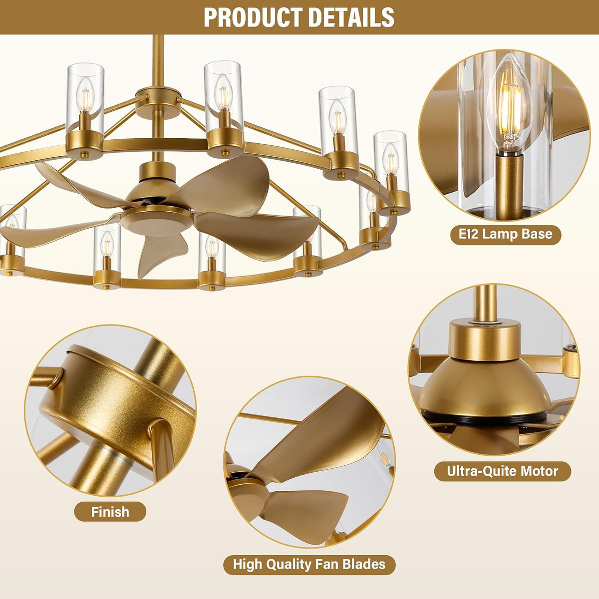 Collage close-ups of the gold fixture showing clear E12 lamp bases, fan blades and finish details