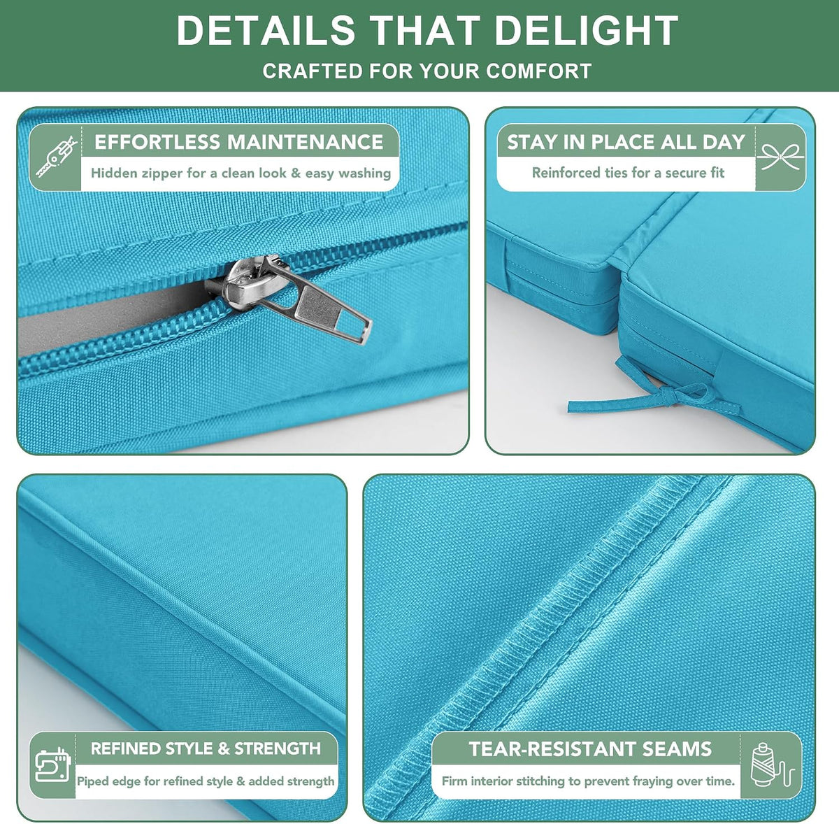 Collage close-ups of hidden zipper, reinforced ties, piped edge and tear-resistant seams on cushion