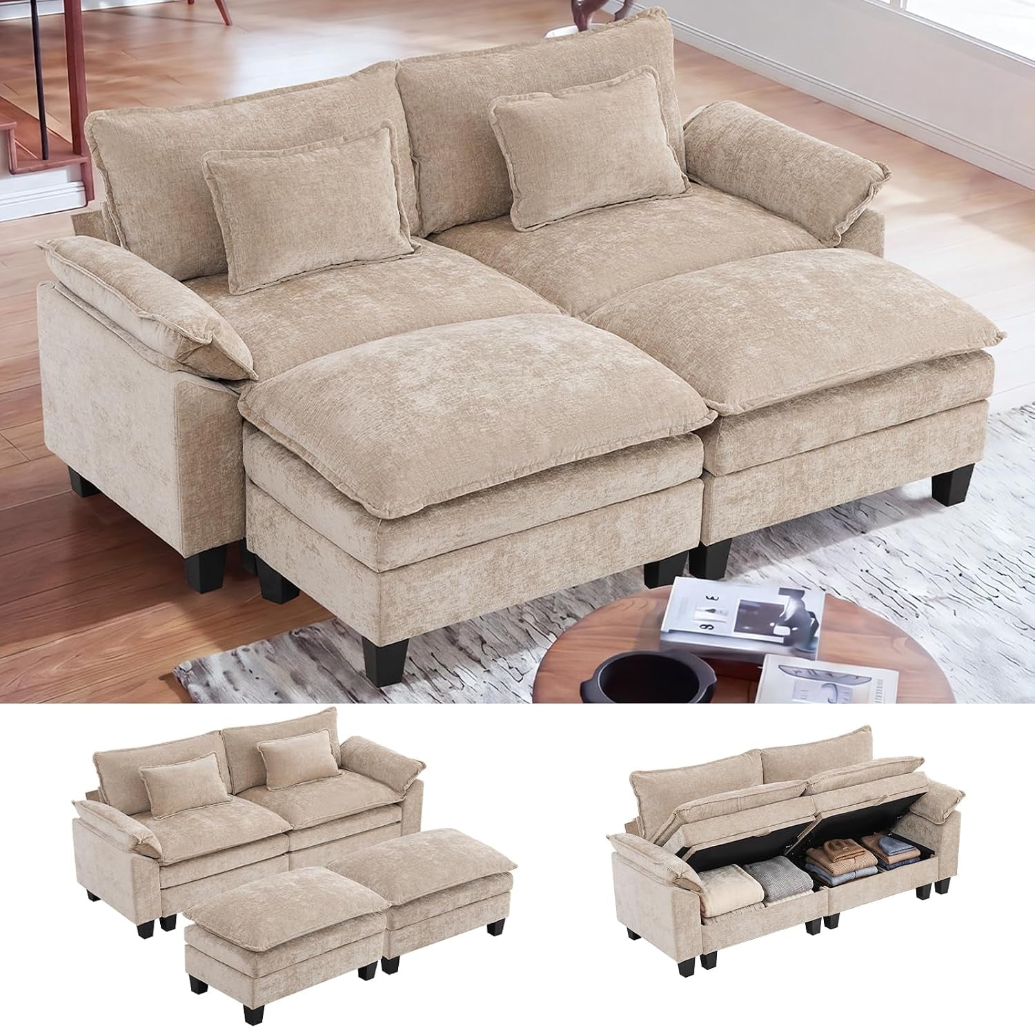Beige modular sectional with two ottomans in a sunlit living room, lower thumbnails show hidden storage open