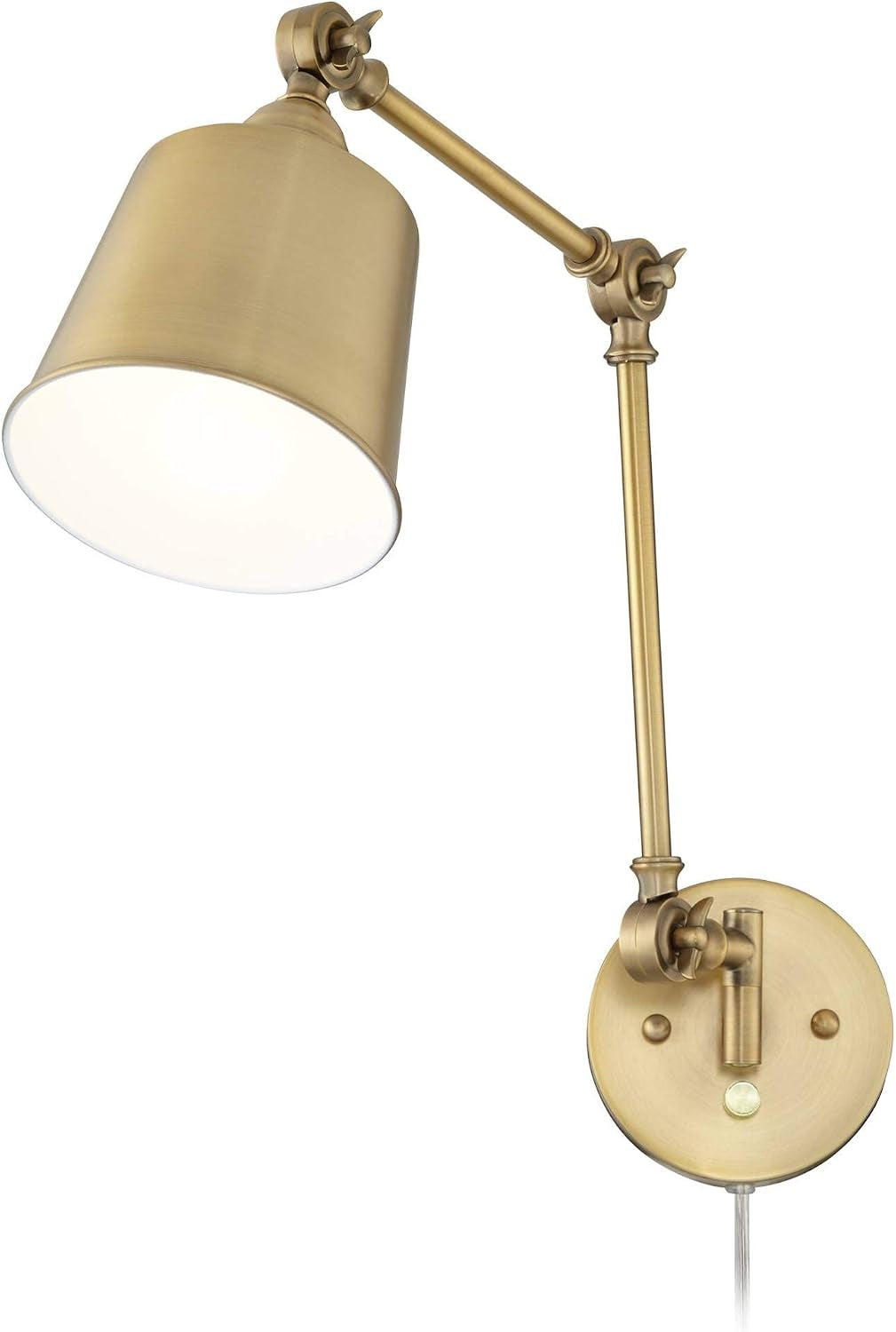Alternate orientation showing the lamp arm extended downward from a circular brass wall mount.