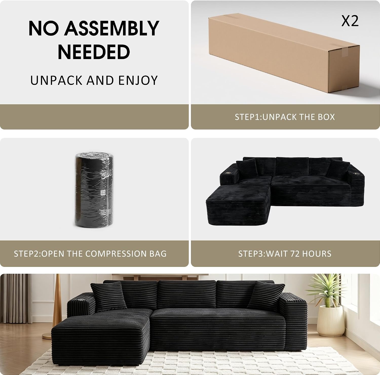 Cloud Sectional Boneless Couches for Living Room,Modular Sectional Sofa with 2 Cup Holders,Memory Foam Cloud Couch with L Shaped Oversized Chaise,No Assembly Needed Plush Corduroy Sofa,Black