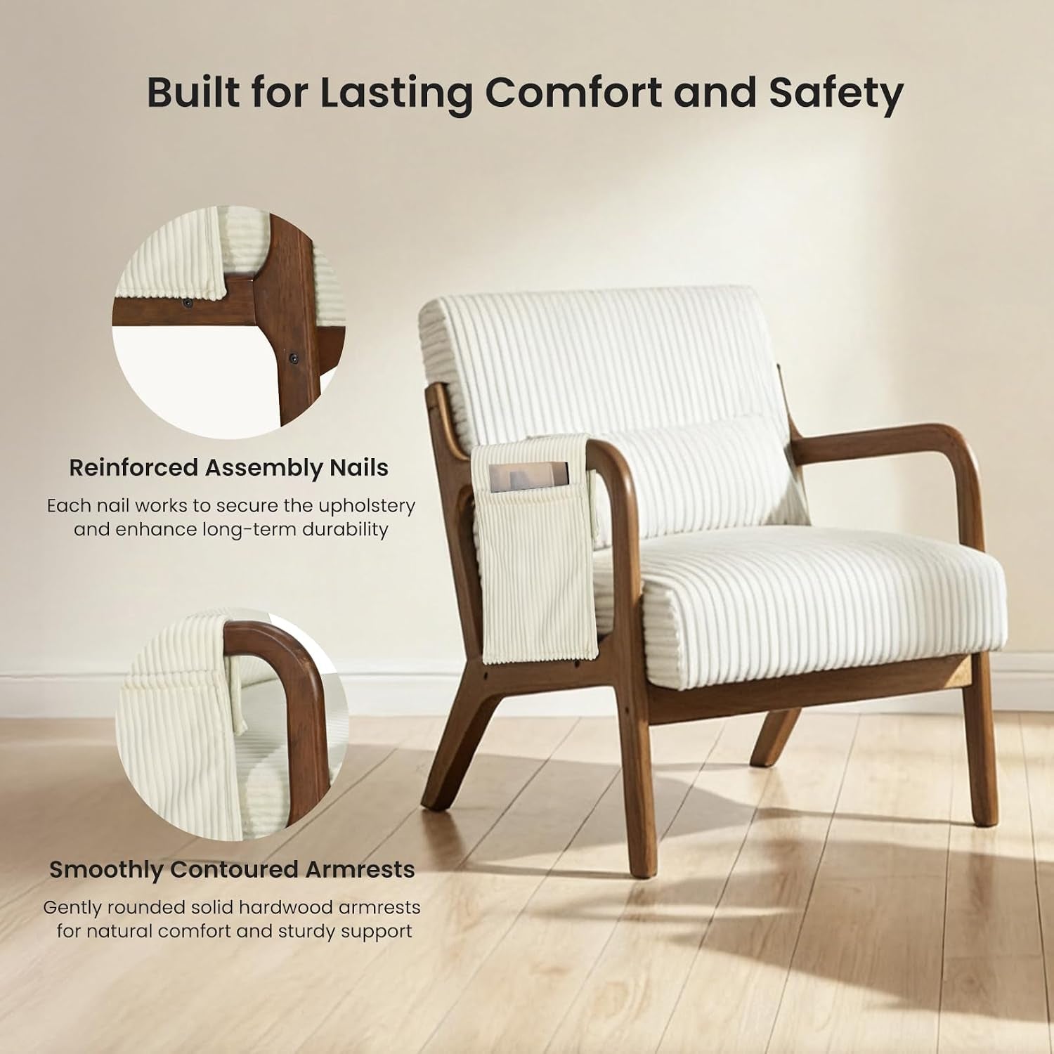 Close view of the chair showing reinforced assembly nails and smoothly contoured solid hardwood armrests