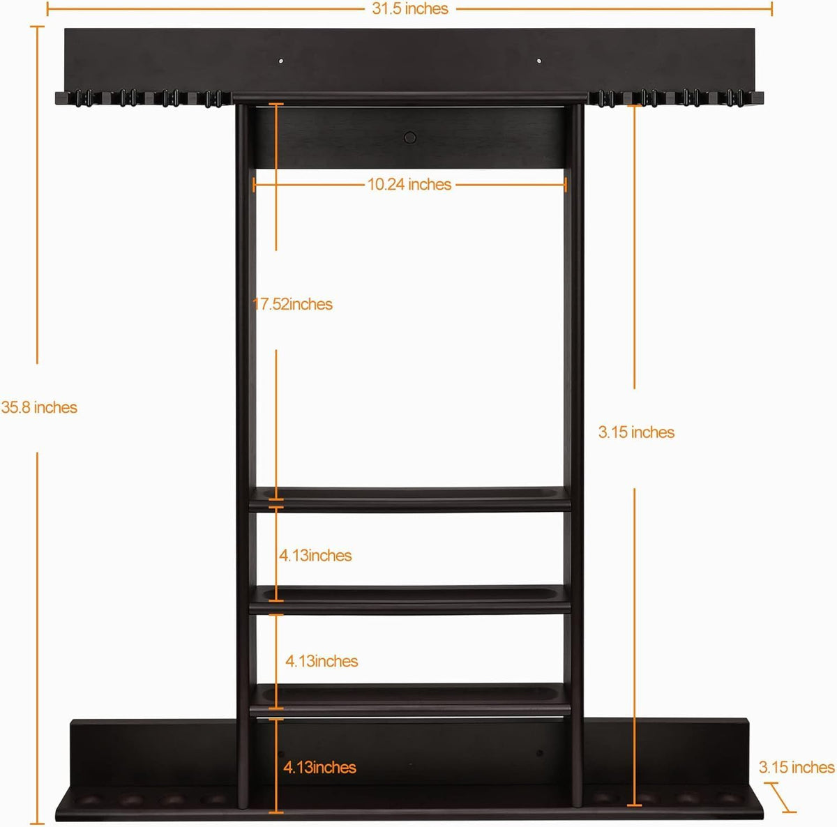 Front-facing product diagram of the cue rack on a white background with orange measurement lines.