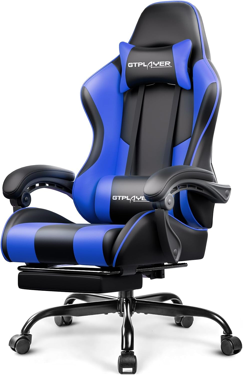 Blue-and-black gaming chair with contrasting panels and head pillow, shown on a white background