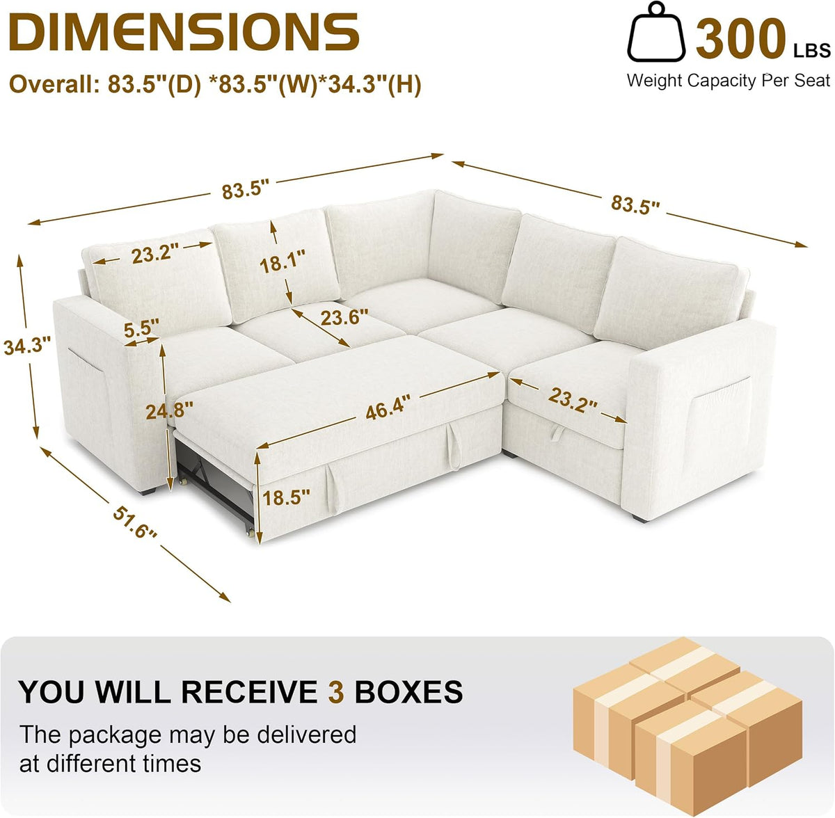 Dimensional diagram of cream sectional showing overall shape and measurement callouts