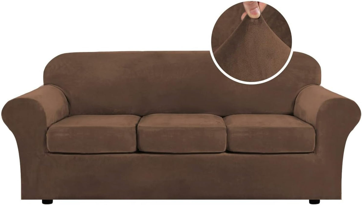 Front view of a three-cushion sofa with rolled arms in warm brown velvet, fabric zoom inset.