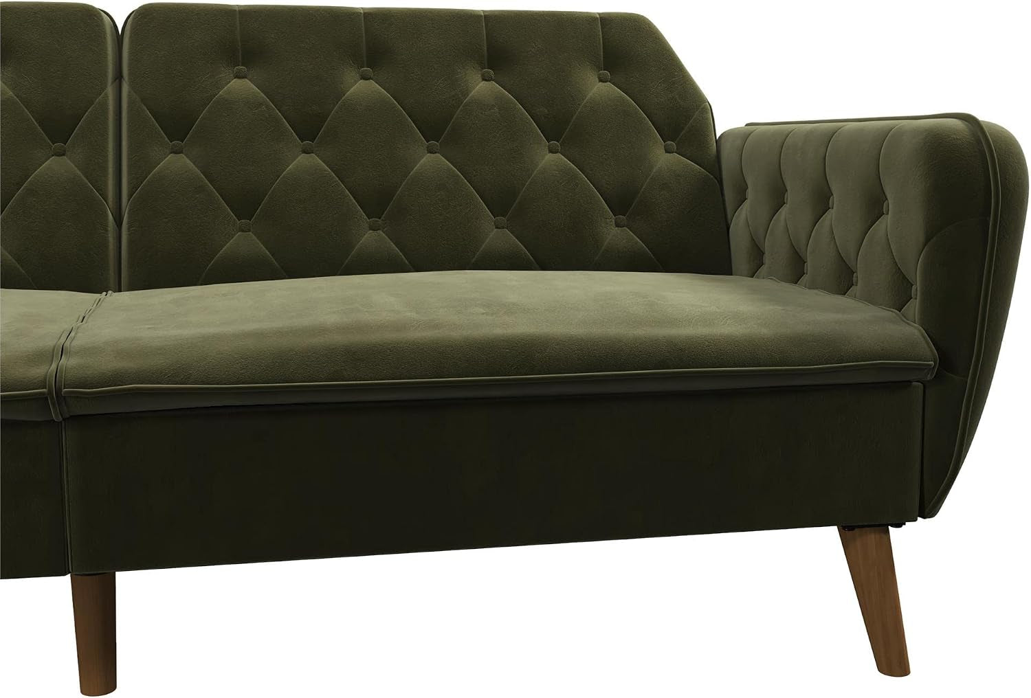 Angled front view of the futon seat and right arm showing cushioned seat, button tufting, and legs