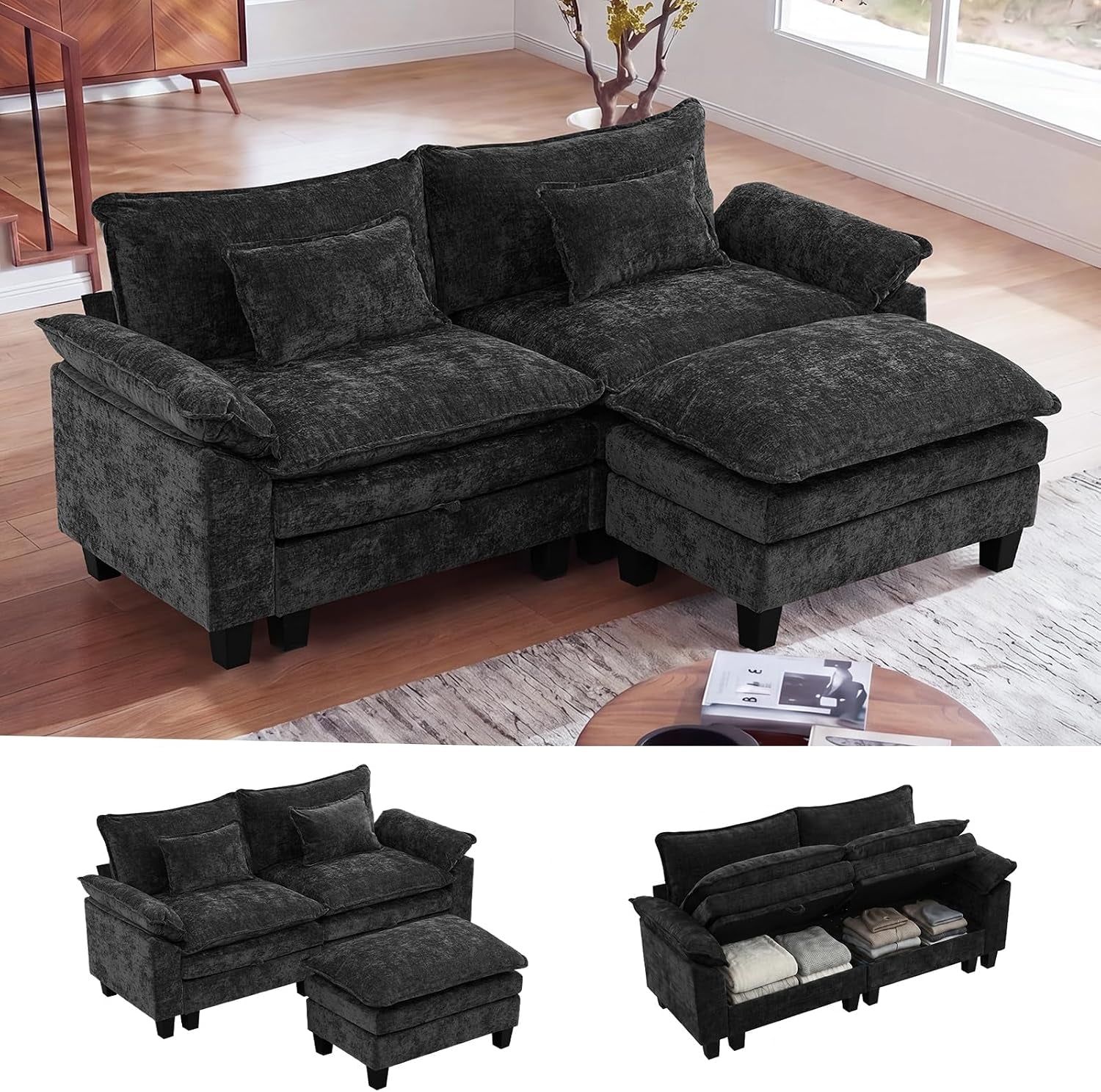 Angled living-room view of a dark charcoal modular sectional with one large ottoman; lower insets show detached ottoman and