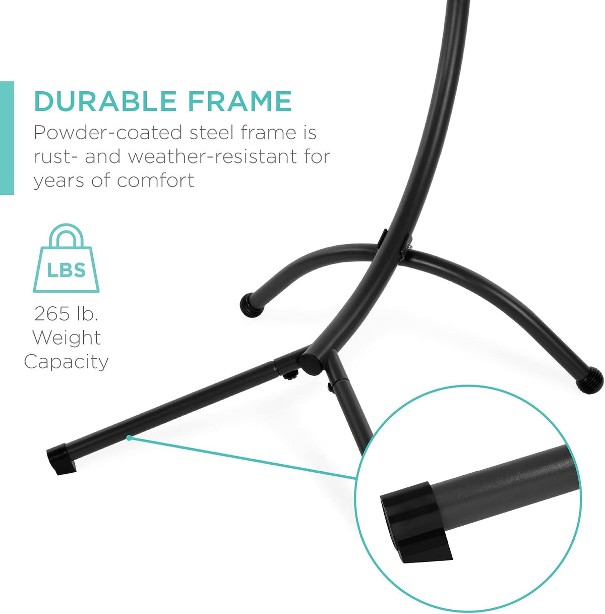 Close-up of black powder-coated steel base and tubular leg with rubber foot cap and connector hardware.