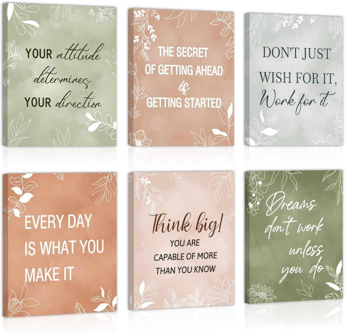Six framed inspirational canvas prints in muted green, terracotta and gray colorways shown standing.