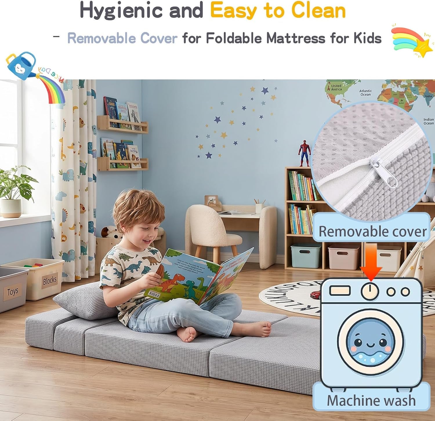 Child reading on the unfolded gray check mattress on a bedroom floor; inset shows a zipper close-up and a washing machine