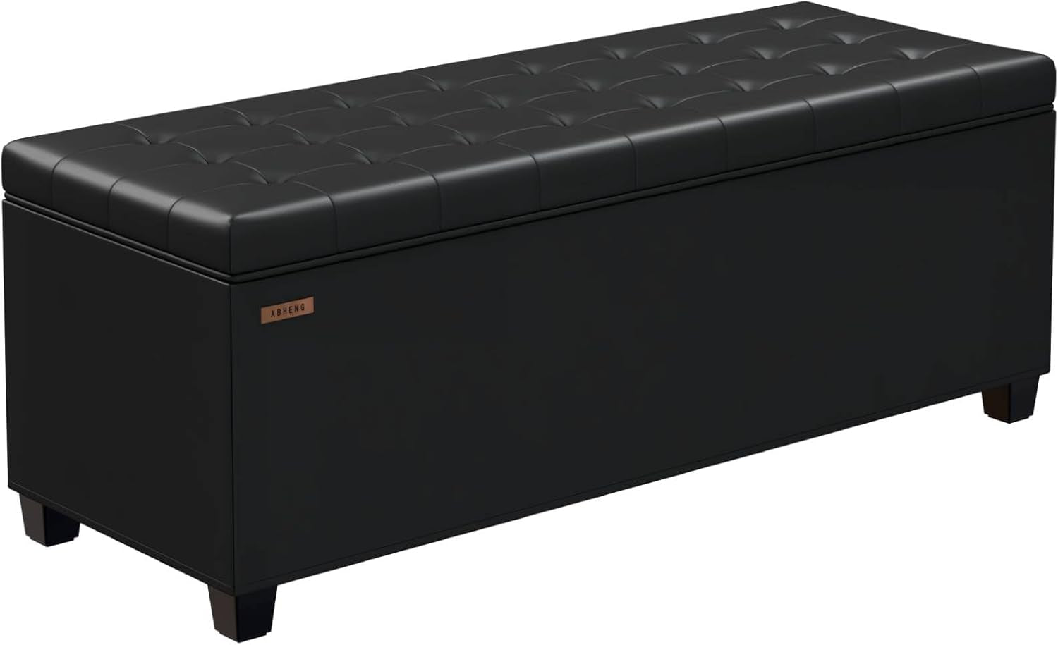 Black tufted storage bench with square stitching and dark tapered legs, angled view