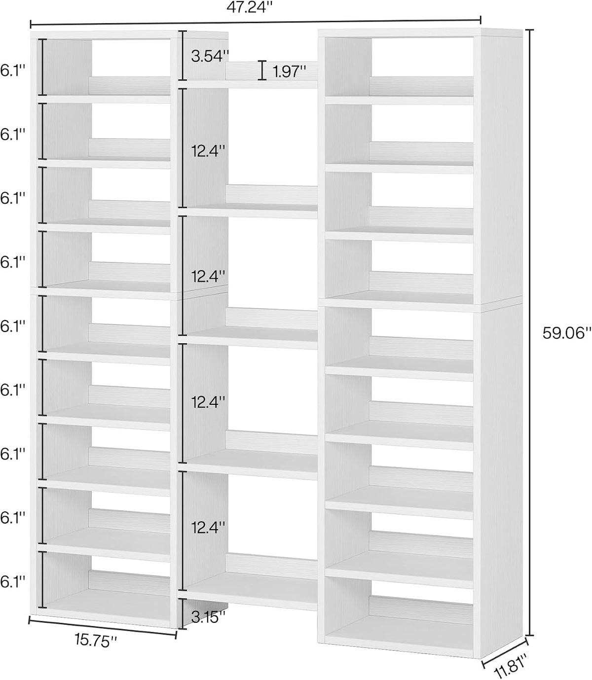 Line drawing with dimensions showing 47.24 in width and 59.06 in height for the three-section shoe rack