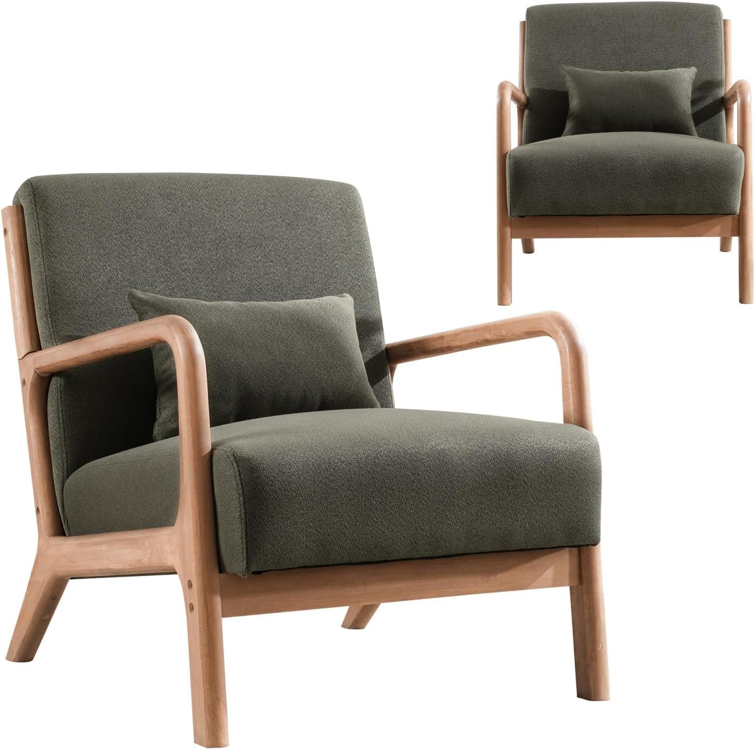 Studio shot of a dark green upholstered accent chair with exposed light wood frame; inset shows the front view.