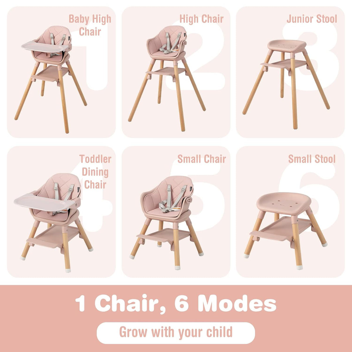 Six-panel layout showing the chair converted into baby high chair, high chair, junior stool and other modes in pink.