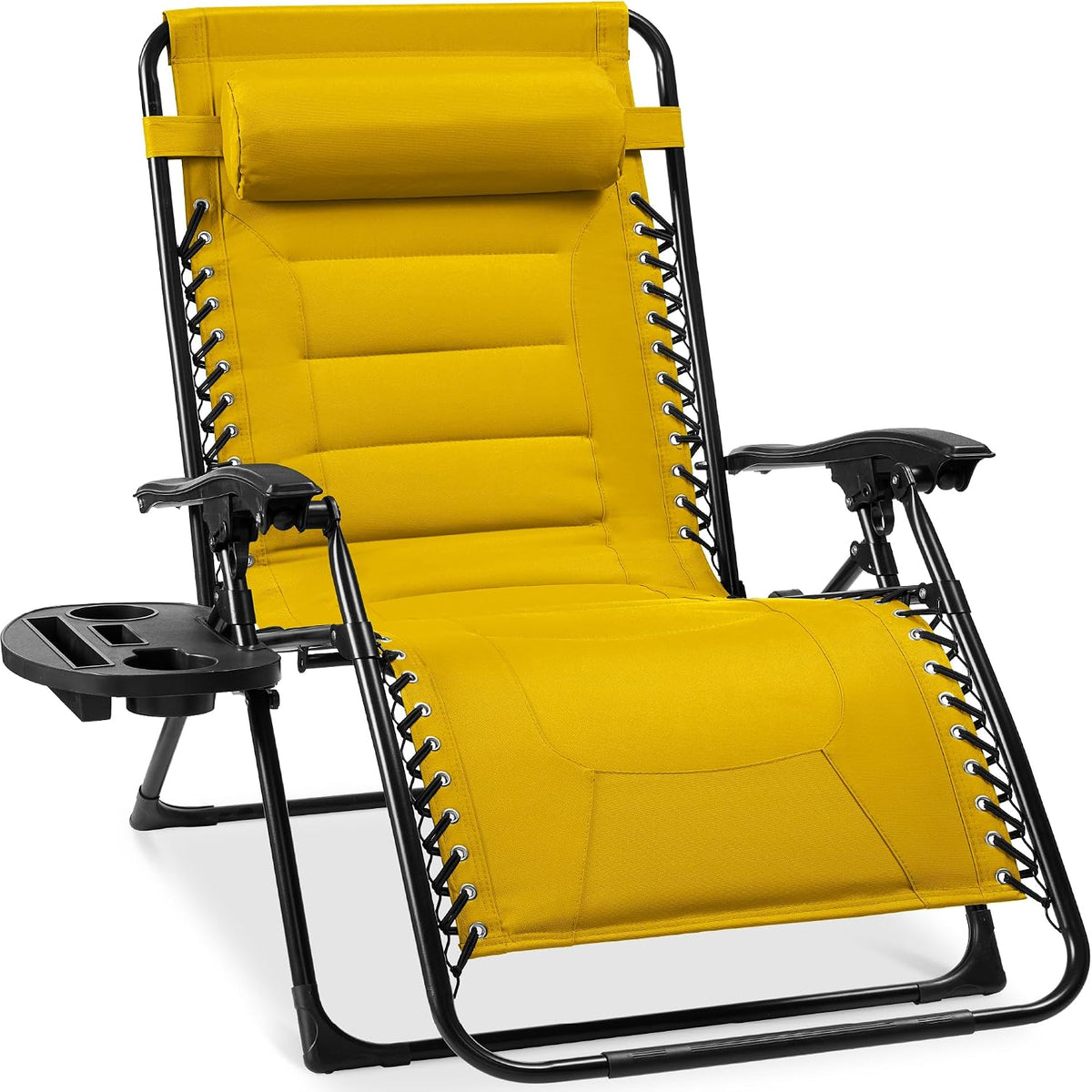Three-quarter view of a bright yellow padded zero-gravity recliner with cup-holder tray and black metal frame.