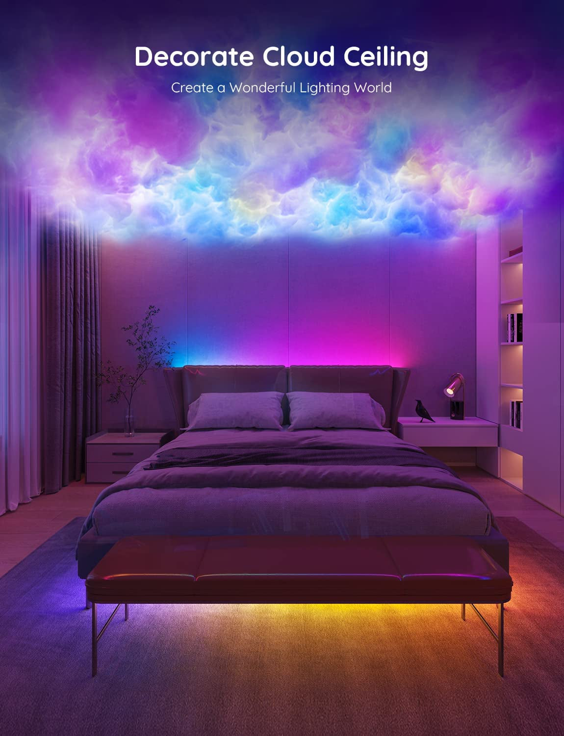 Bedroom scene with colorful cloud-like ceiling lighting and RGB strip backlighting behind the headboard