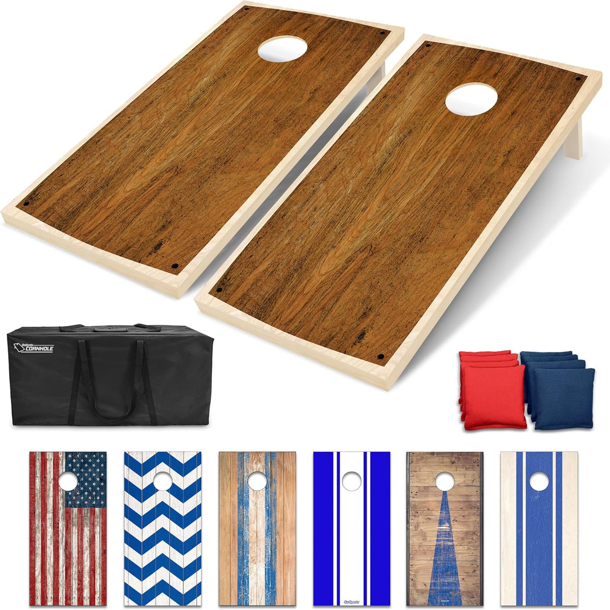 Pair of cornhole boards with dark brown wood-grain tops shown flat, black carry bag at lower left and red/blue bags at lower