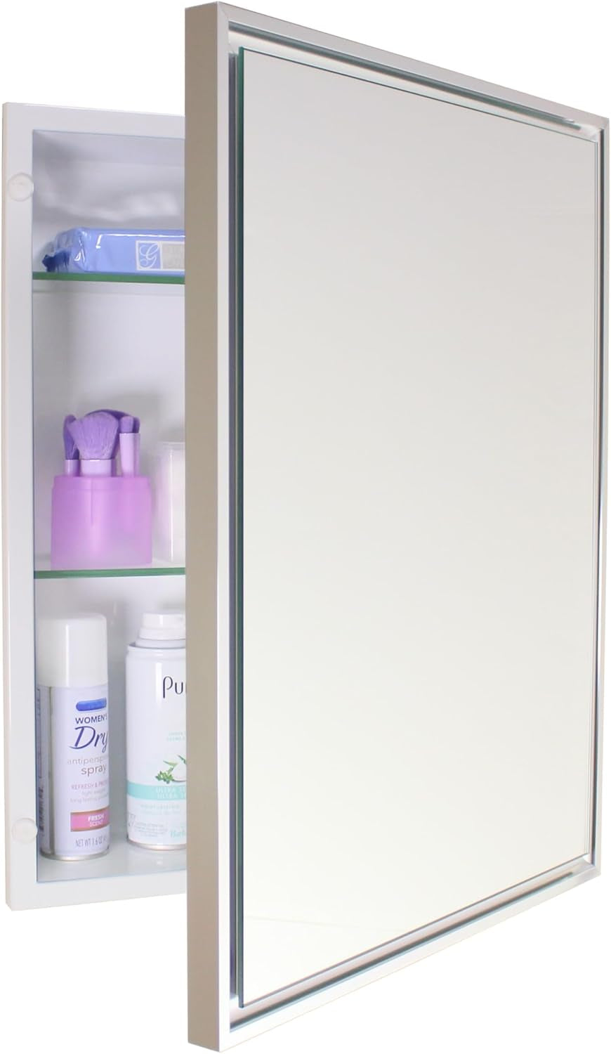 Angled side view of a silver-framed recessed mirror with the door ajar showing cosmetic bottles on glass shelves.