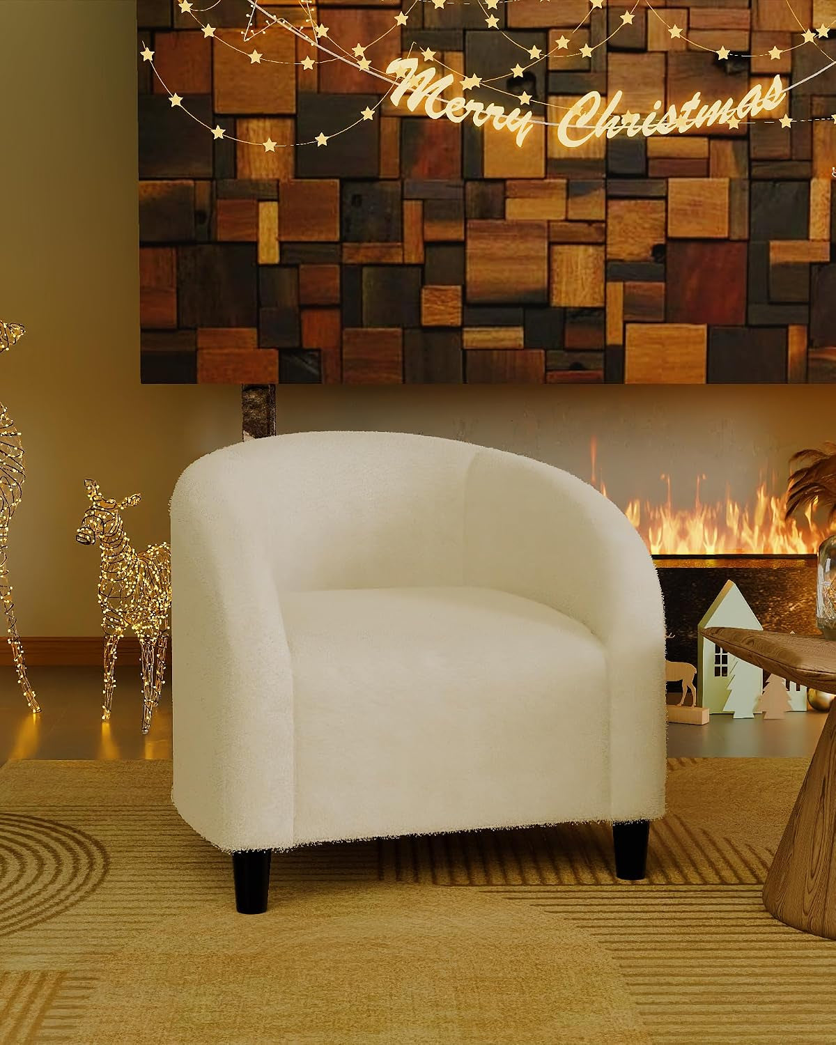 Single cream boucle barrel chair placed in a cozy living room setting by a fireplace.