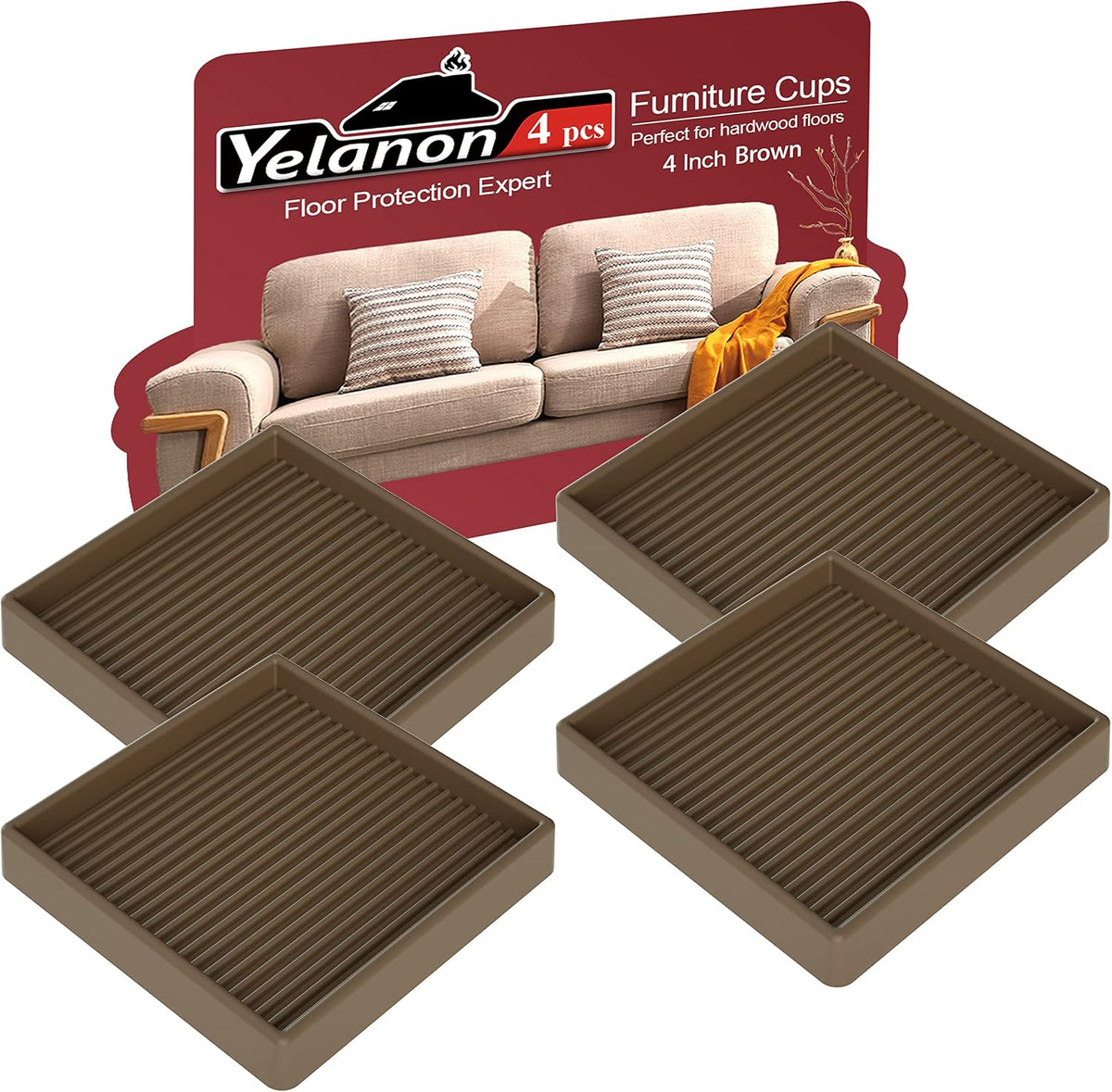 Four square brown ribbed furniture cups arranged in front of a red product display with a sofa illustration.