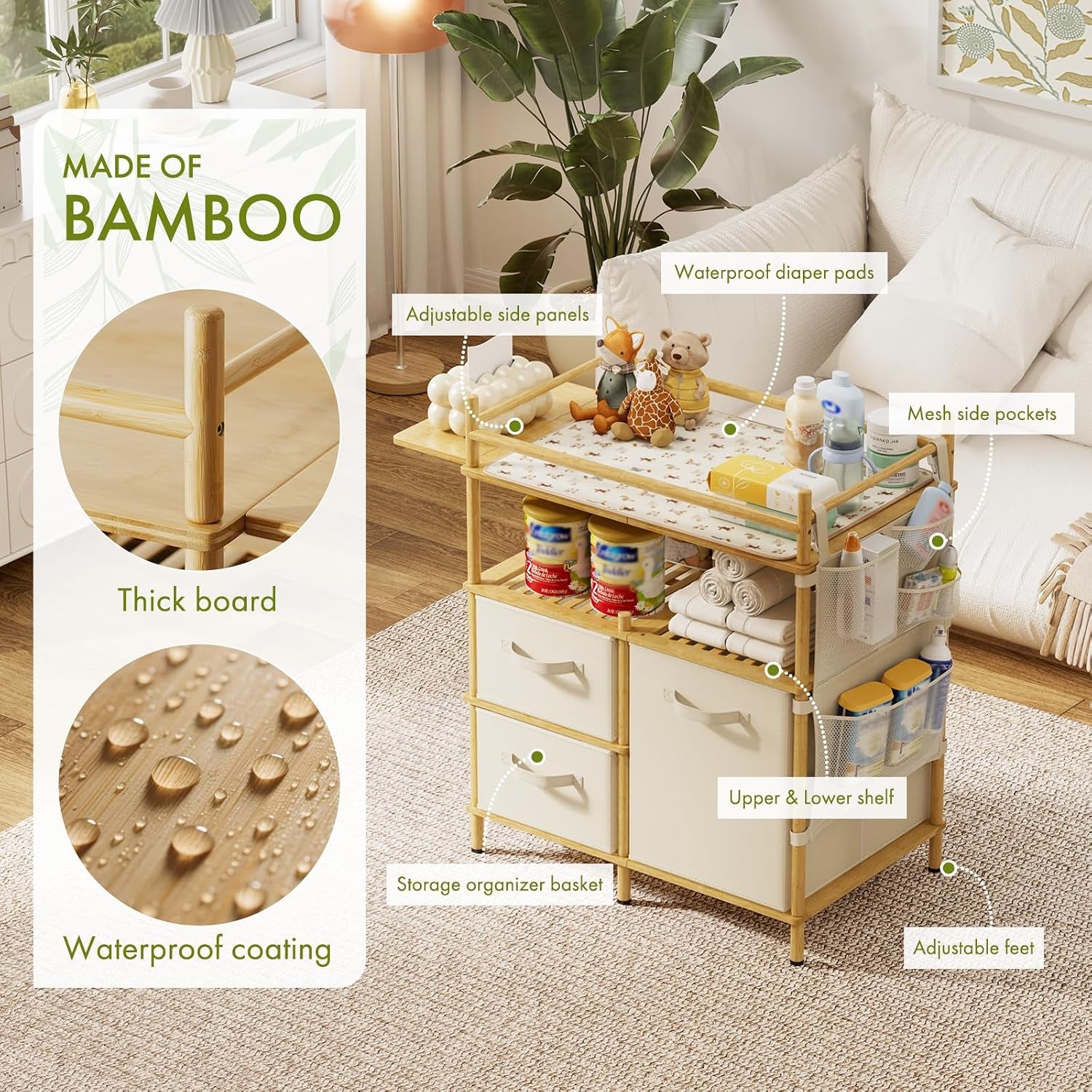 Bamboo changing table with pad, three fabric drawers and mesh side pockets in a living room setting