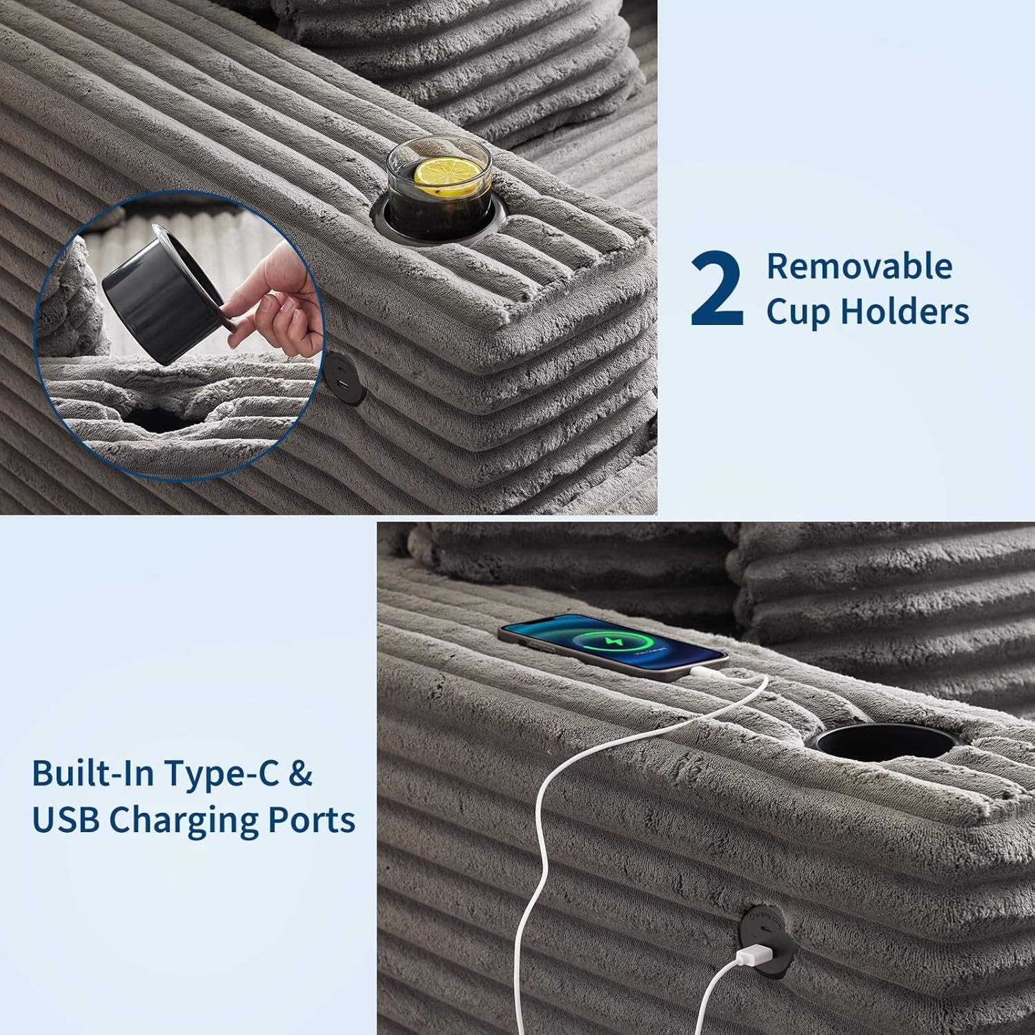 Removable cup holder and built-in USB and Type-C charging ports on the chaise arm in grey corduroy