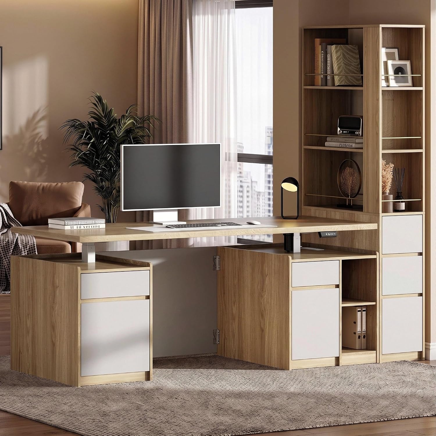 Sunlit living-room scene showing the walnut height-adjustable desk and tall bookcase with monitor, lamp, sofa and plant.