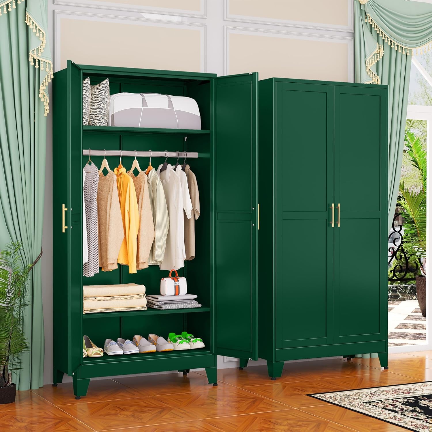 Pair of green metal wardrobes; left cabinet open showing hanging clothes, two shelves and shoes on the bottom shelf.