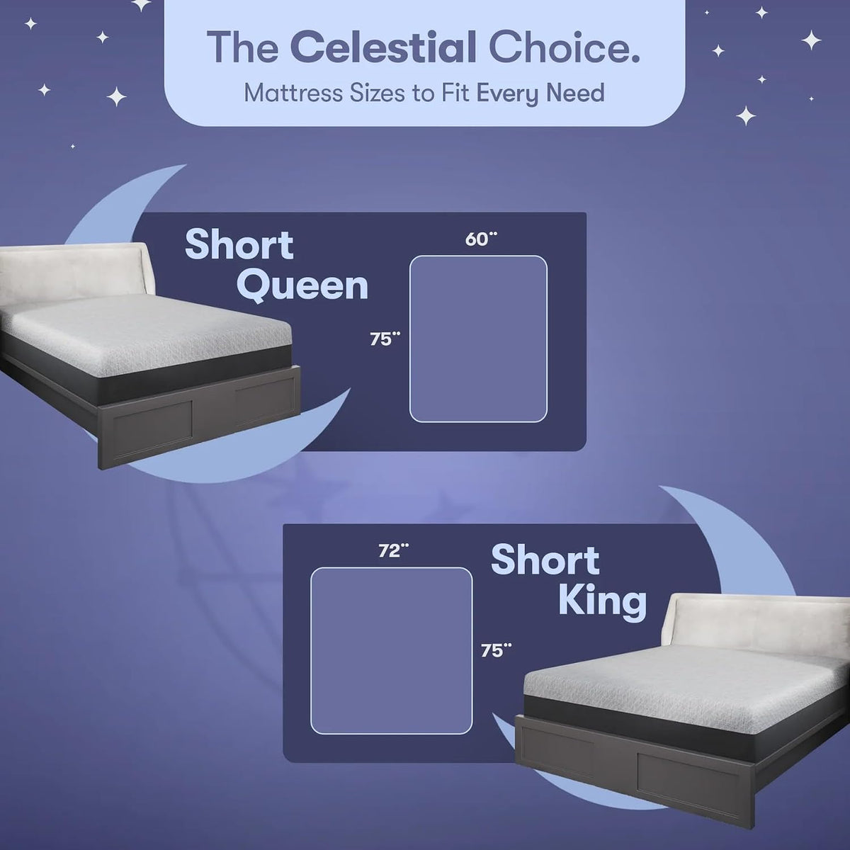 Infographic showing mattress size outlines and labels for short queen and short king on a purple background