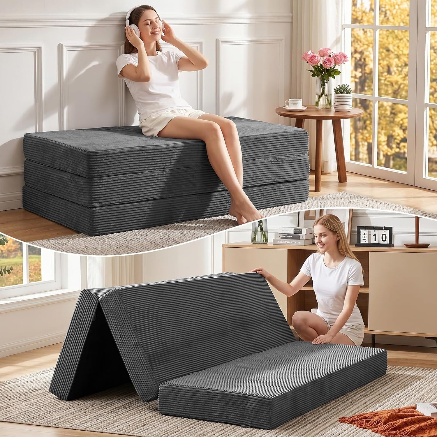 Grey corduroy tri-fold mattress stacked as a thick ottoman with a woman seated on top, front room setting