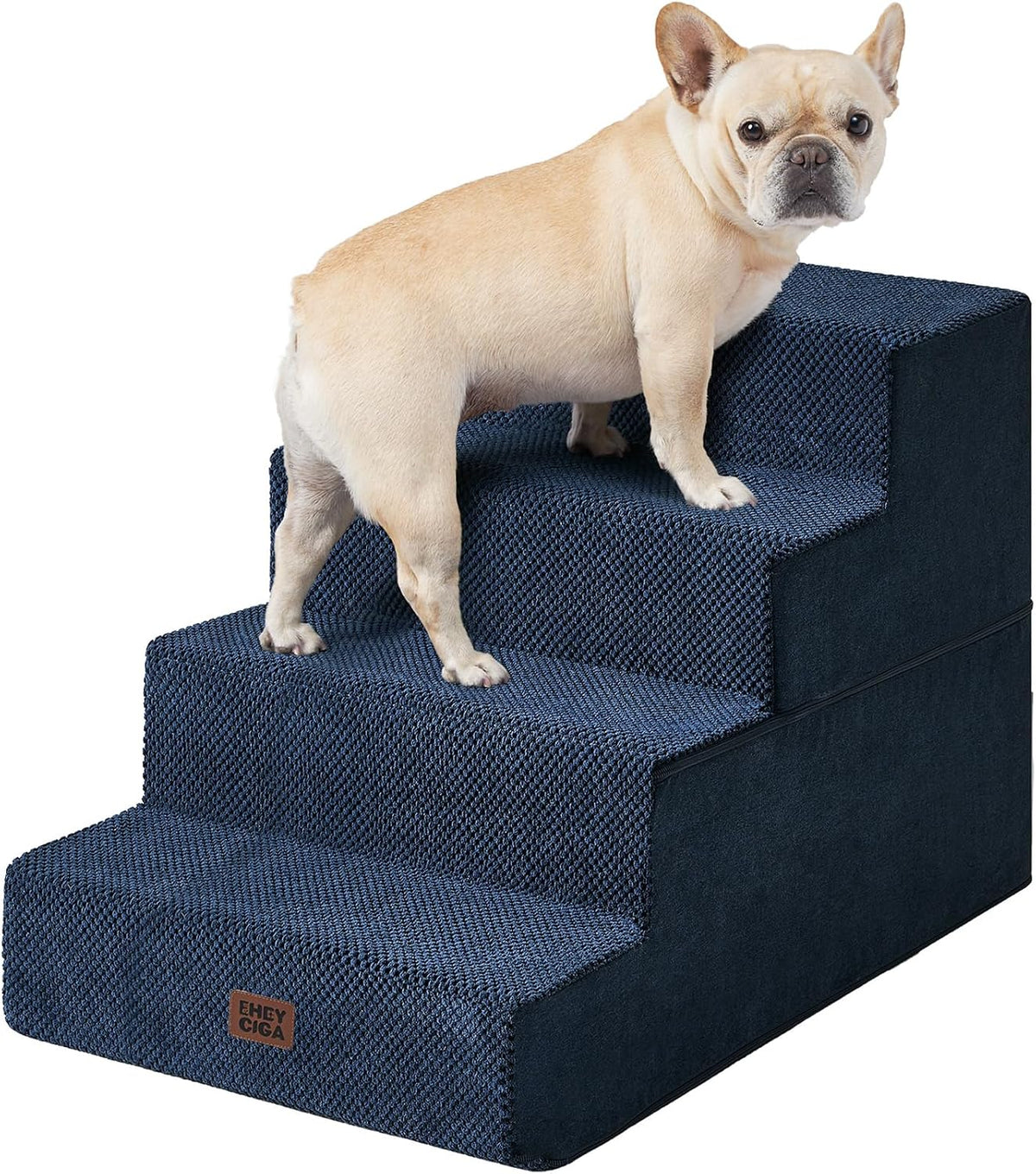 Four-step dark blue fabric pet stairs with a small dog standing on the second step