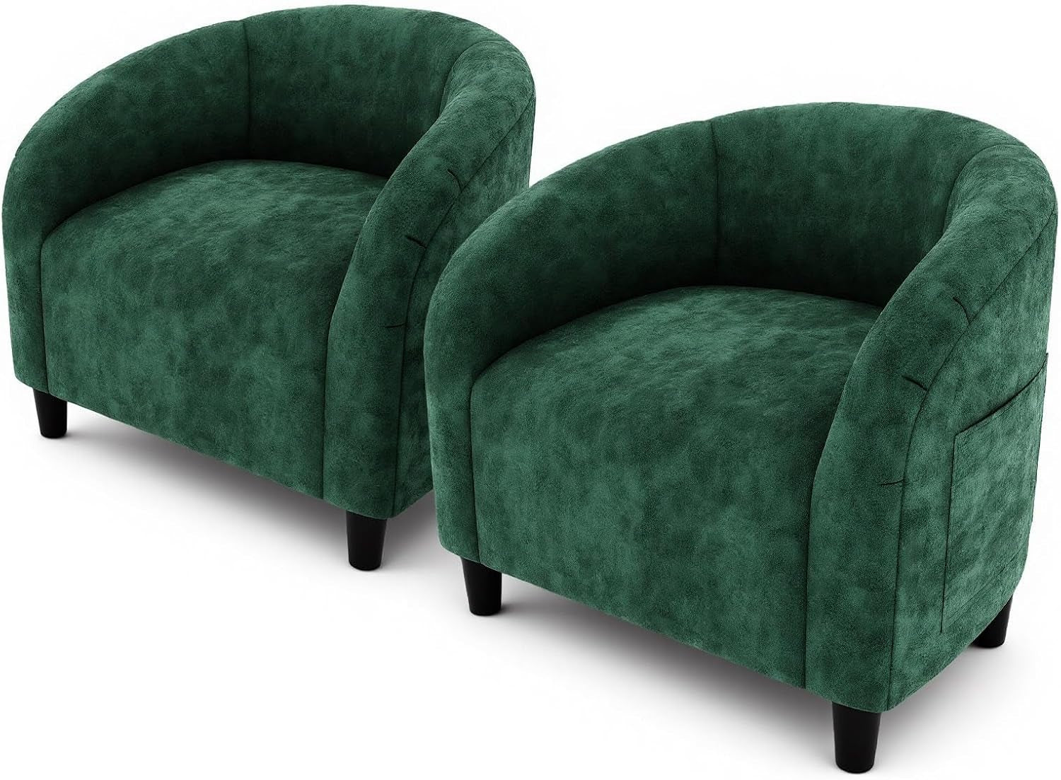 Pair of rounded armchairs upholstered in deep forest green, shown on white background.