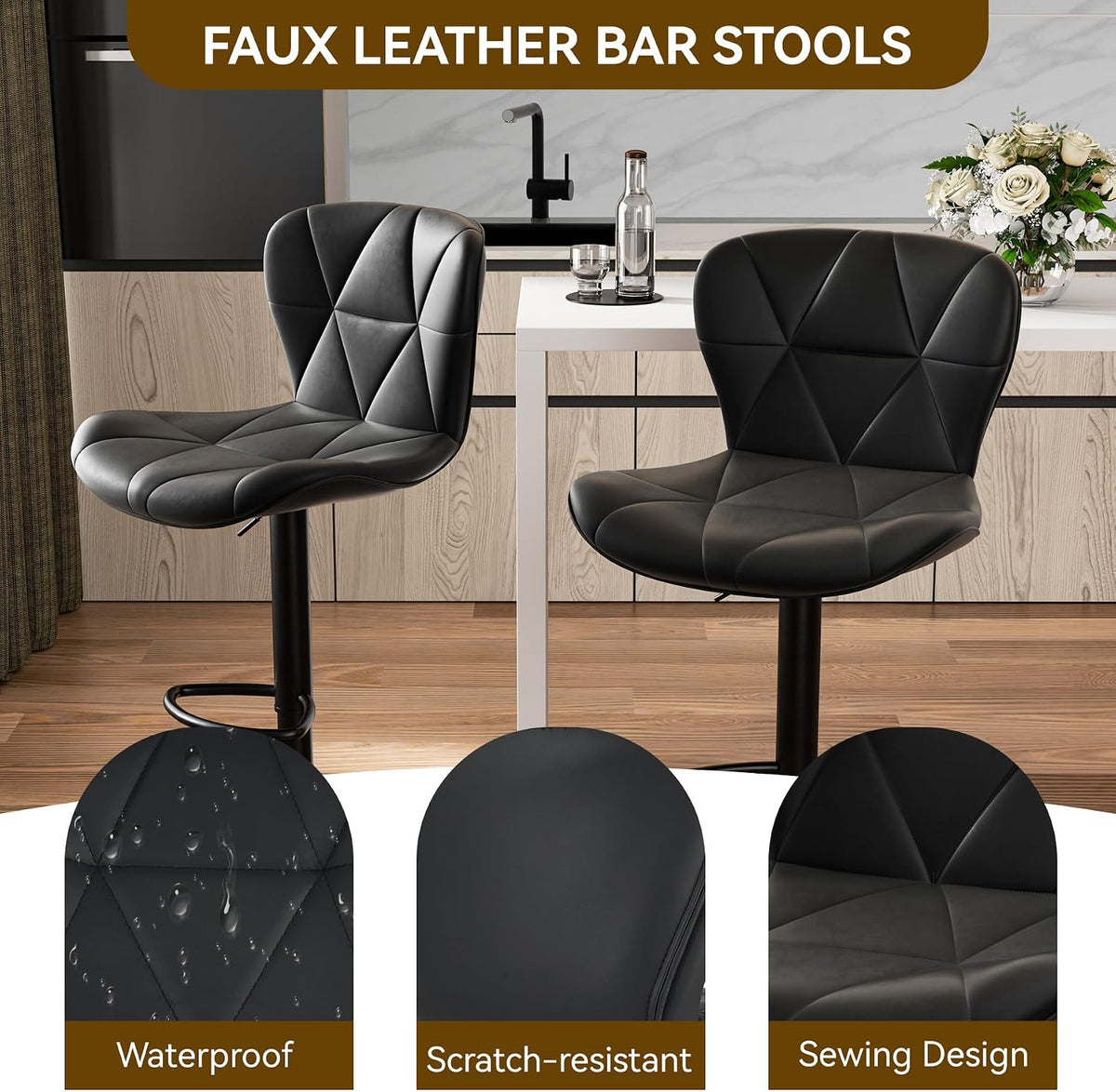 Two black faux leather stools with three feature icons labeled waterproof, scratch-resistant, and sewing design